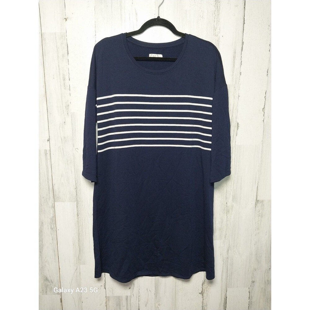 24/7 Maurices Navy Blue Stretch Rayon Knit Dress Sz Large White Stripes Soft